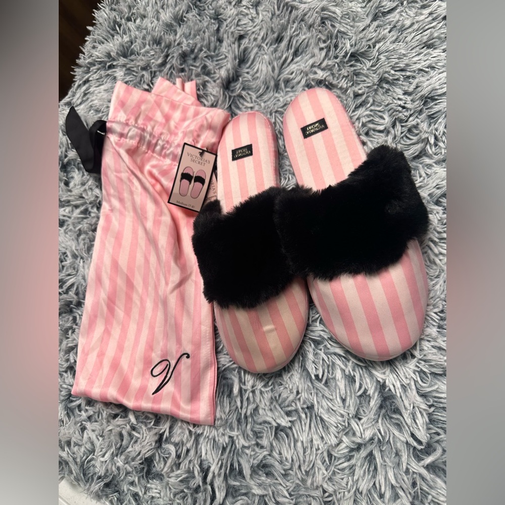 Victoria's Secret Pink & White Striped Faux Fur Slide Slippers